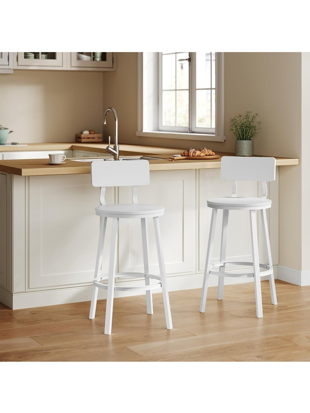 Set of 2 Bar Stools with Backrest, White | Metal Frame, for Kitchen Island 5