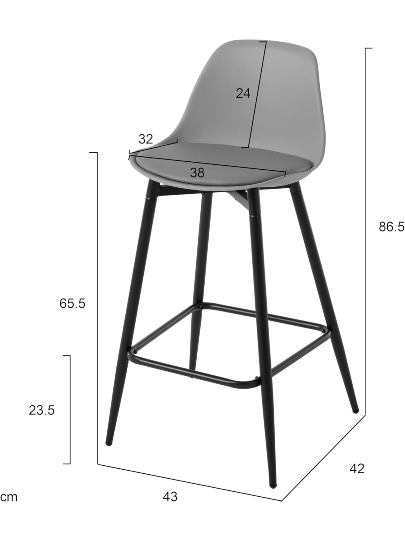 Bar stool set, 2 pcs, PP plastic seat with backrest, padded, with footrest, metal legs, grey. 2
