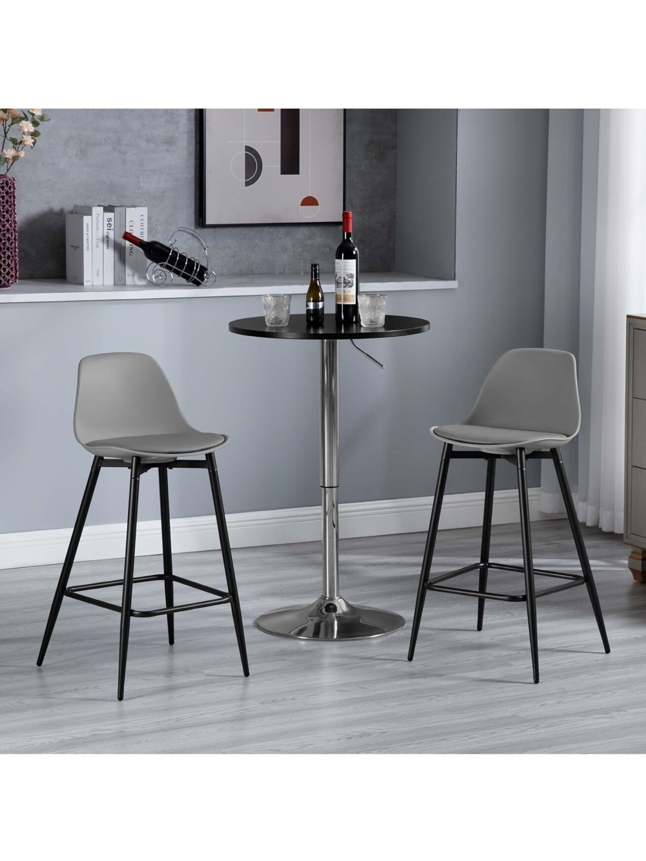 Bar stool set, 2 pcs, PP plastic seat with backrest, padded, with footrest, metal legs, grey. 5