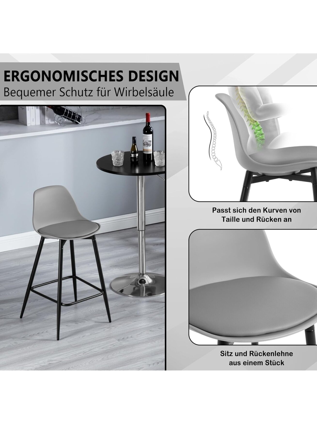 Bar stool set, 2 pcs, PP plastic seat with backrest, padded, with footrest, metal legs, grey. 6
