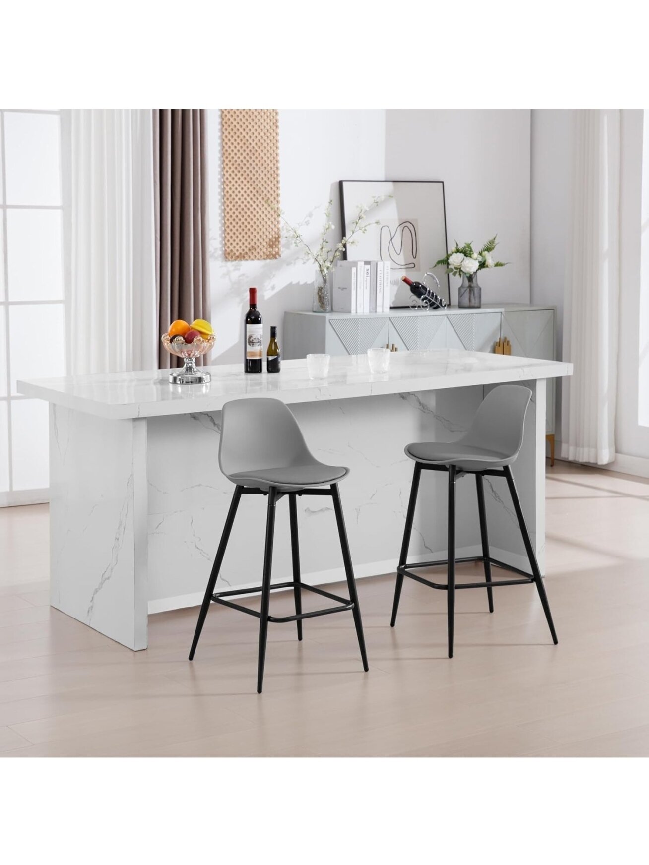 Bar stool set, 2 pcs, PP plastic seat with backrest, padded, with footrest, metal legs, grey. 1