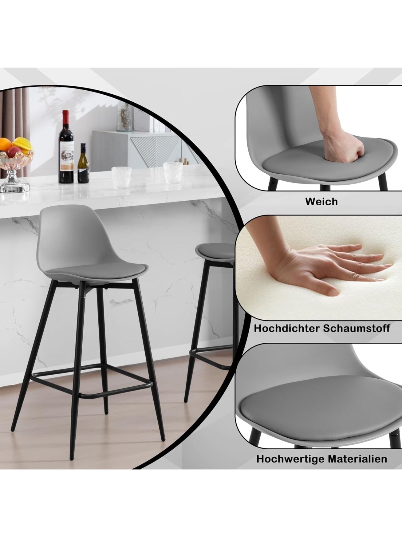 Bar stool set, 2 pcs, PP plastic seat with backrest, padded, with footrest, metal legs, grey. 7