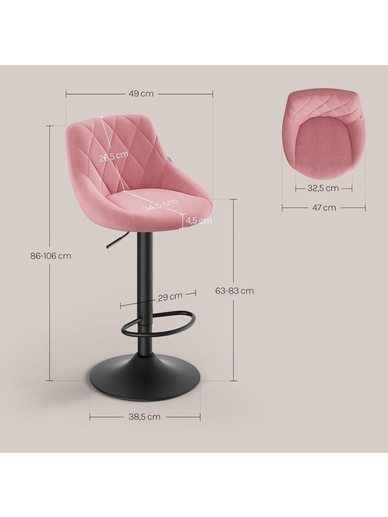 2 baaritooli komplekt, reguleeritava kõrgusega, sametkattega, polsterdatud istmega, 360° pööratavad 3