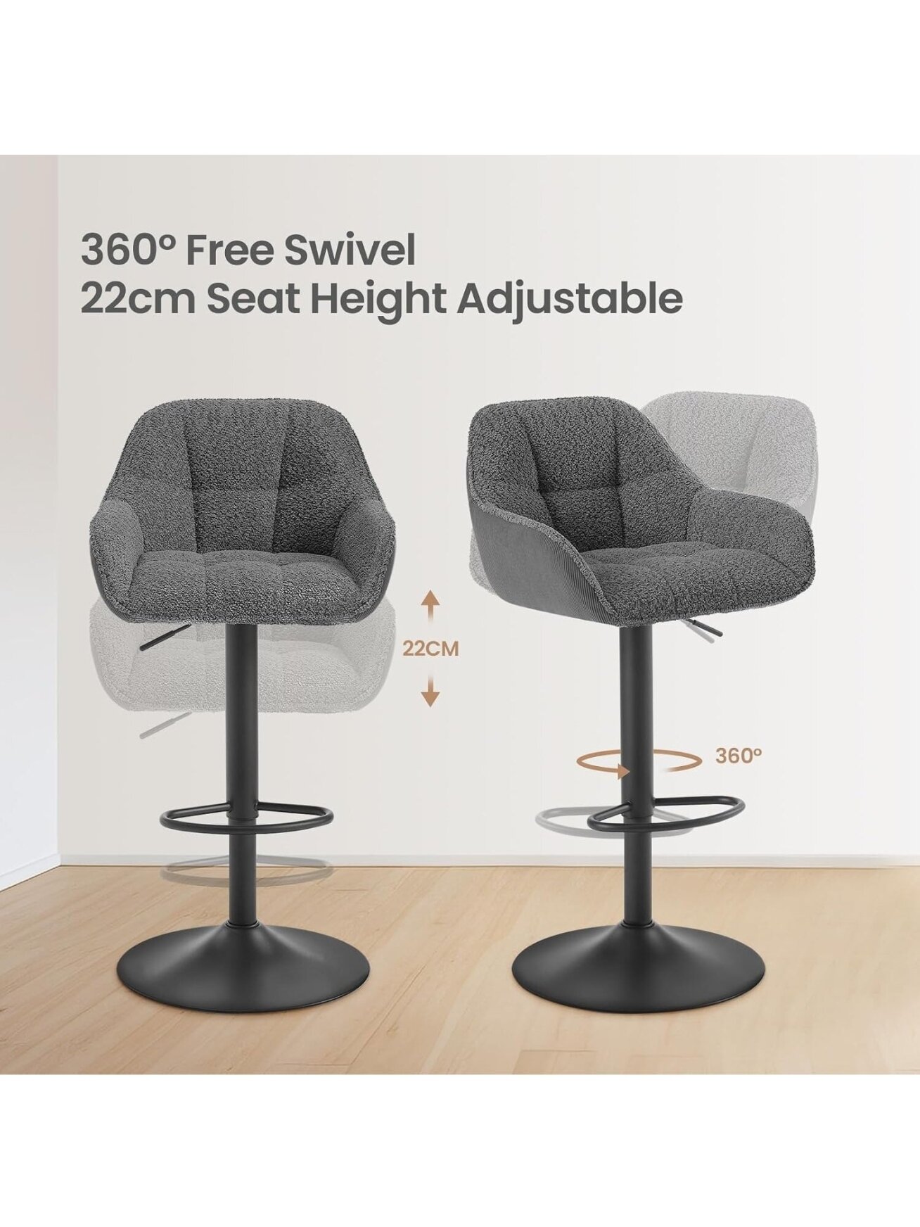 Set of 2 Bar Stools, Height Adjustable, 360° Swivel 5