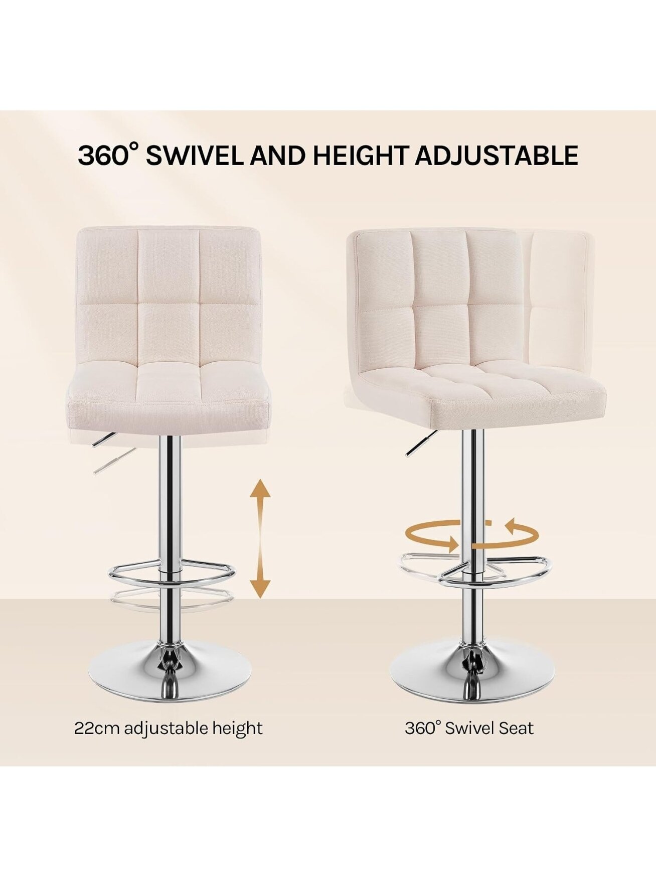 Bar stool, height adjustable, linen fabric upholstery, with backrest, cream color. 3