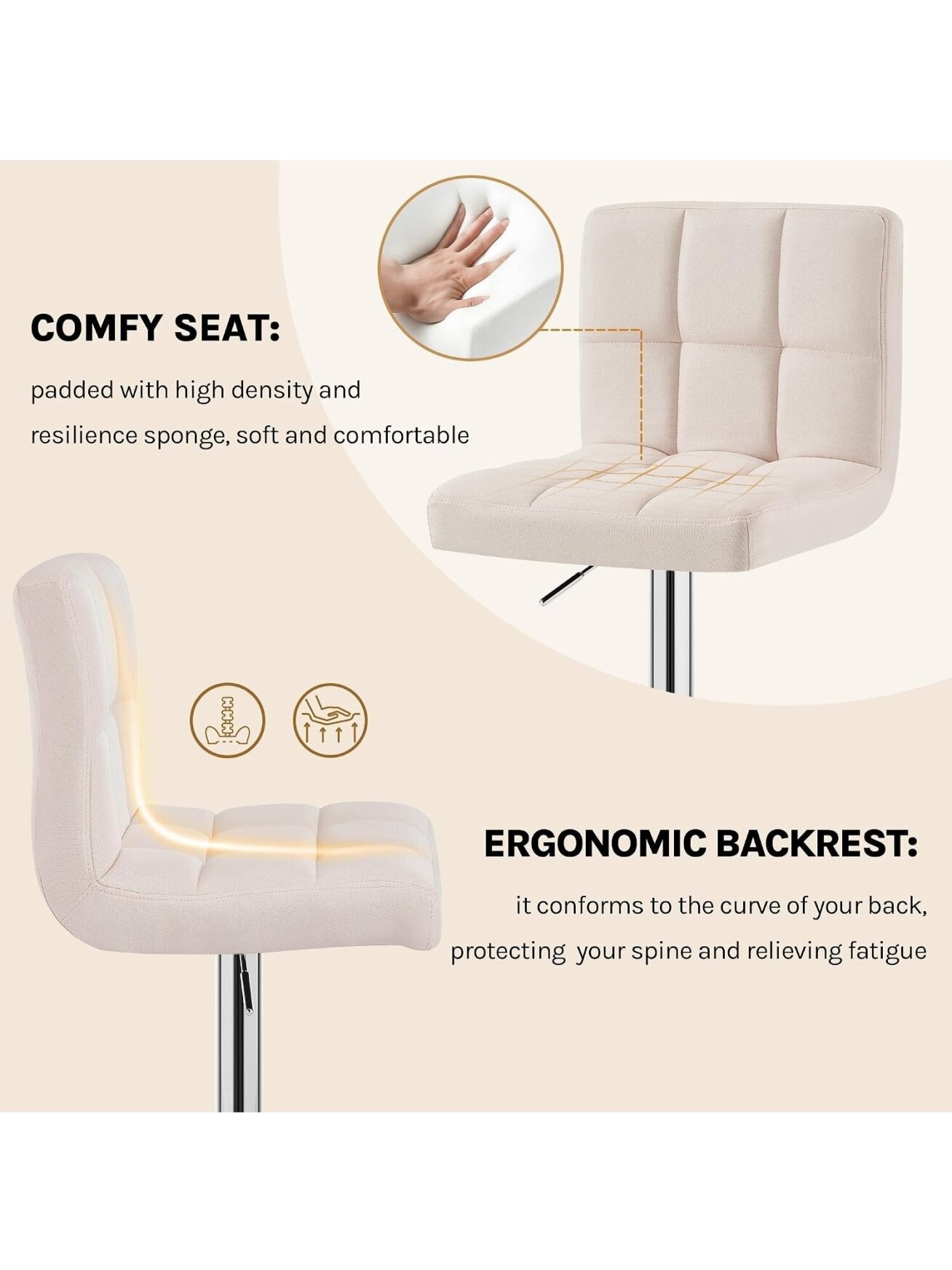 Bar stool, height adjustable, linen fabric upholstery, with backrest, cream color. 4 Bar stool, height adjustable, linen fabric upholstery, with backrest, cream color. 4