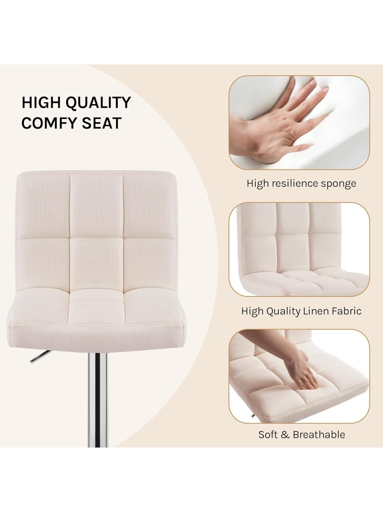 Bar stool, height adjustable, linen fabric upholstery, with backrest, cream color. 5 Bar stool, height adjustable, linen fabric upholstery, with backrest, cream color. 5