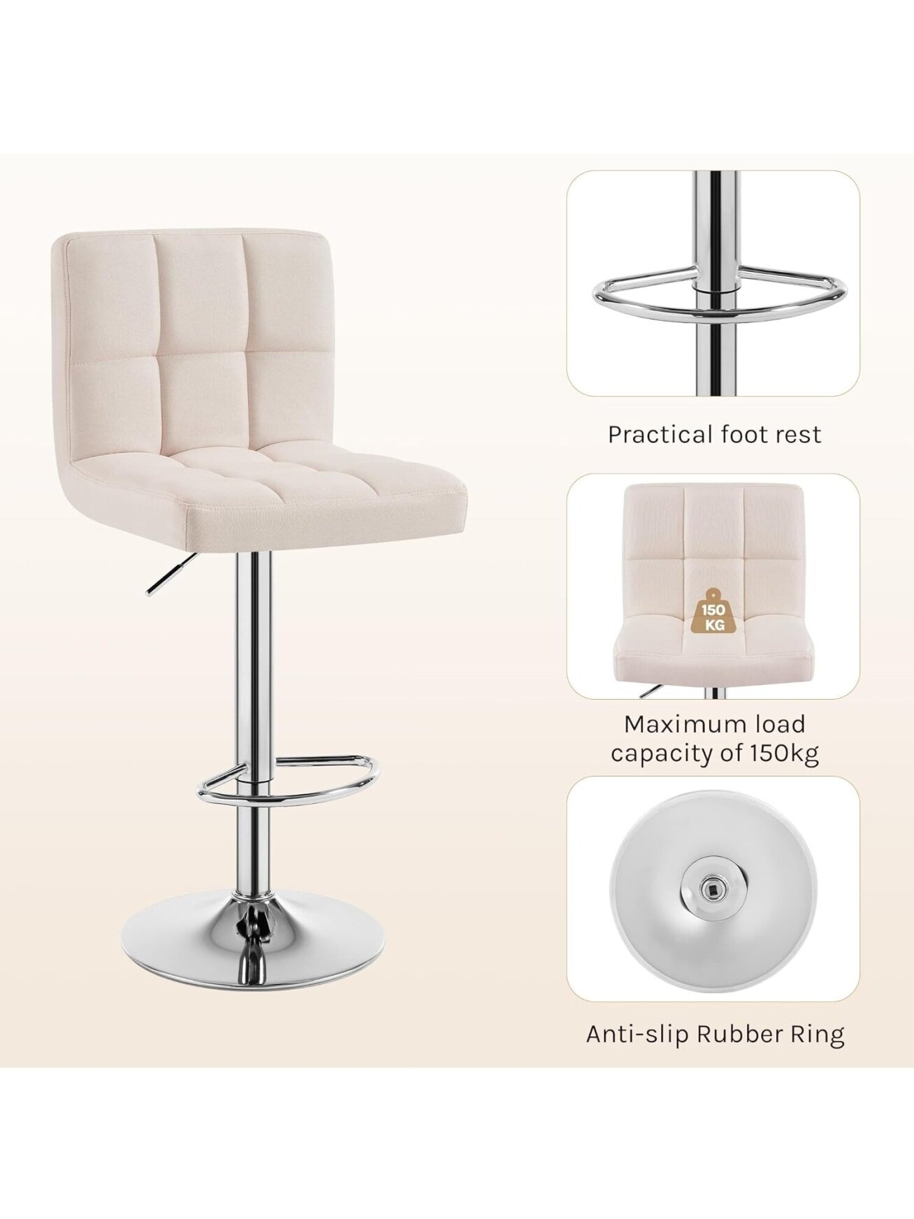 Bar stool, height adjustable, linen fabric upholstery, with backrest, cream color. 1