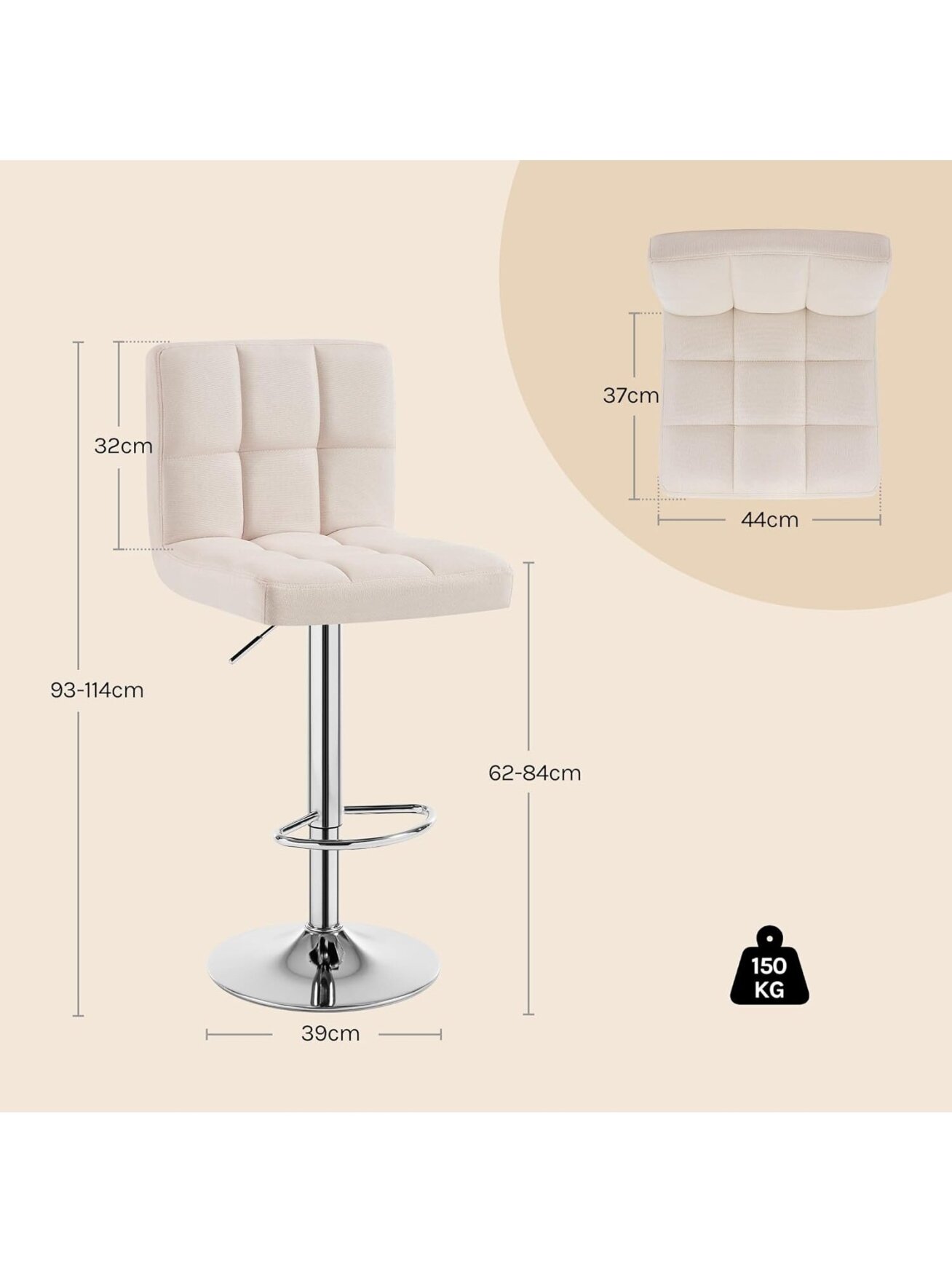 Bar stool, height adjustable, linen fabric upholstery, with backrest, cream color. 2