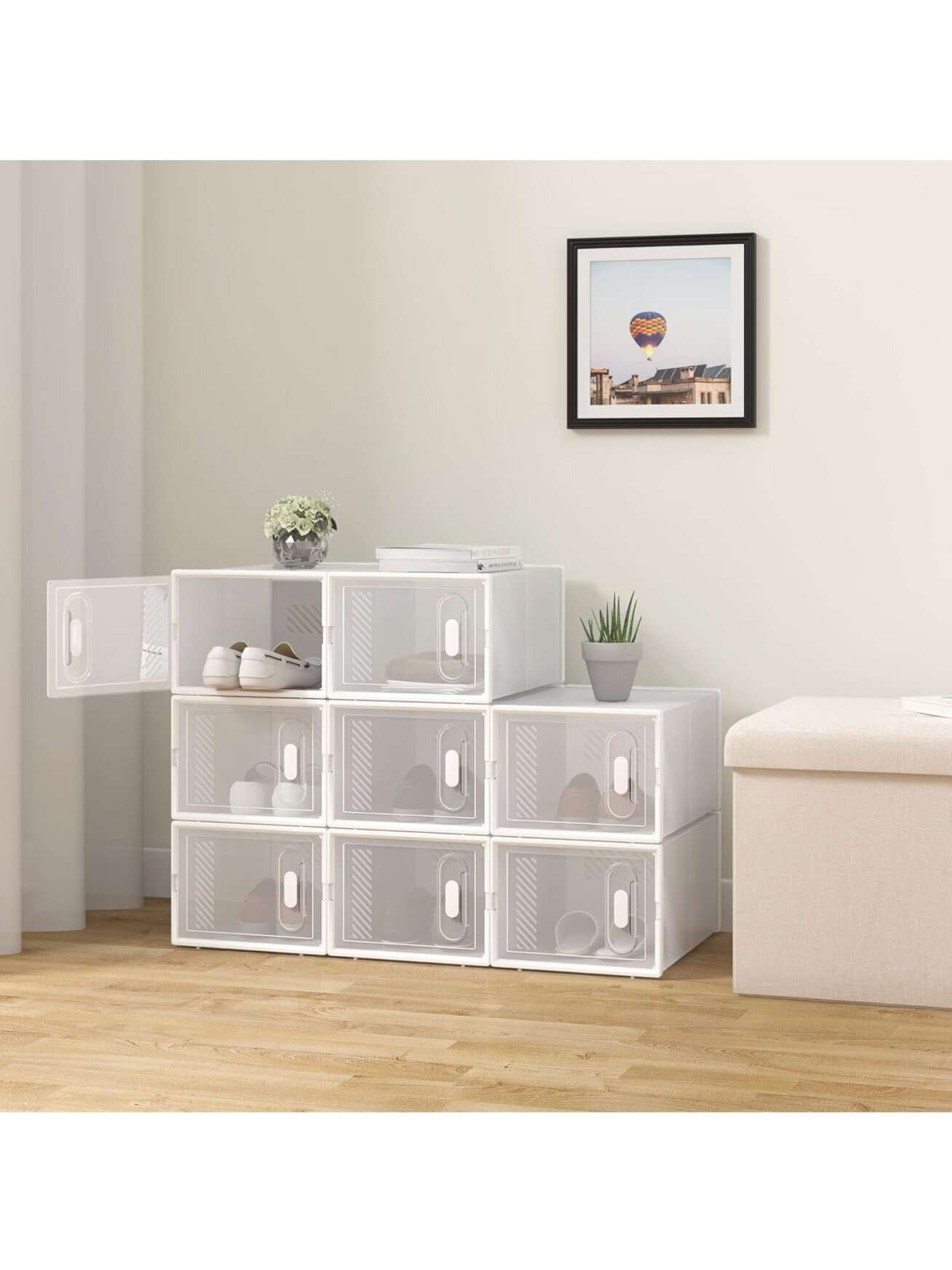 Shoe rack with 18 stackable shoe boxes, shoe cabinet system with magnetic closure, plastic DIY construction, 25 x 19 x 35 cm, transparent white. 2 Shoe rack with 18 stackable shoe boxes, shoe cabinet system with magnetic closure, plastic DIY construction, 25 x 19 x 35 cm, transparent white. 2