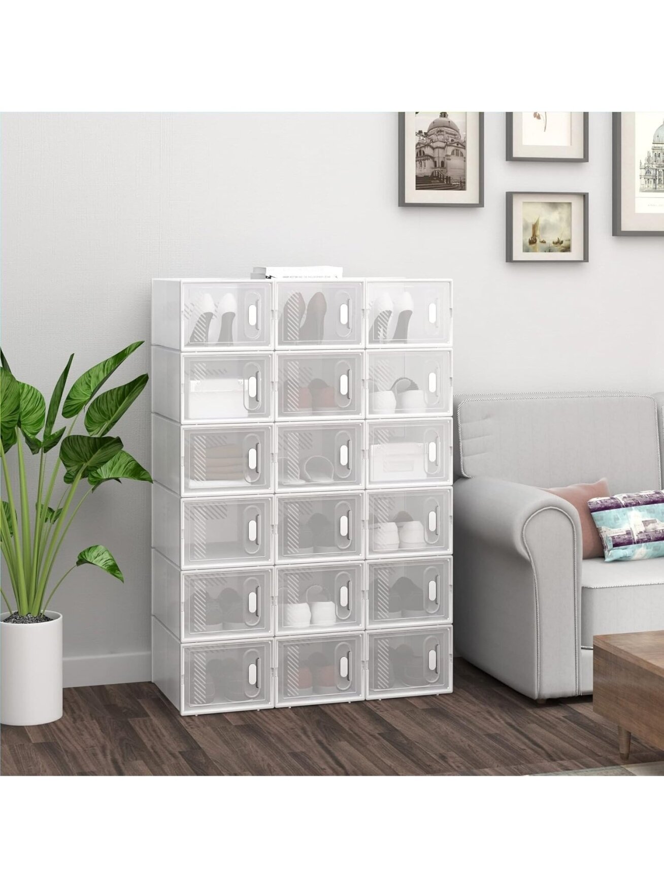 Apavu plaukts ar 18 saliekamām apavu kastēm, apavu skapja sistēma ar magnētisku aizdari, plastmasas “dari pats” konstrukcija, 25 x 19 x 35 cm, caurspīdīgi balts.