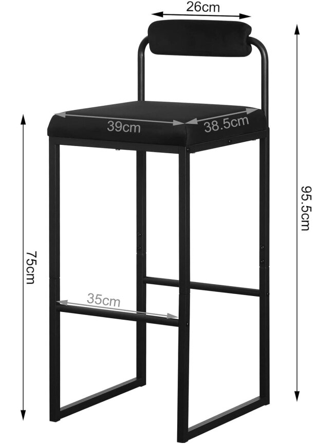 Bāra krēsls ar atzveltni un kāju balstu, samta apdare, metāla rāmis, ergonomisks, melns. 2
