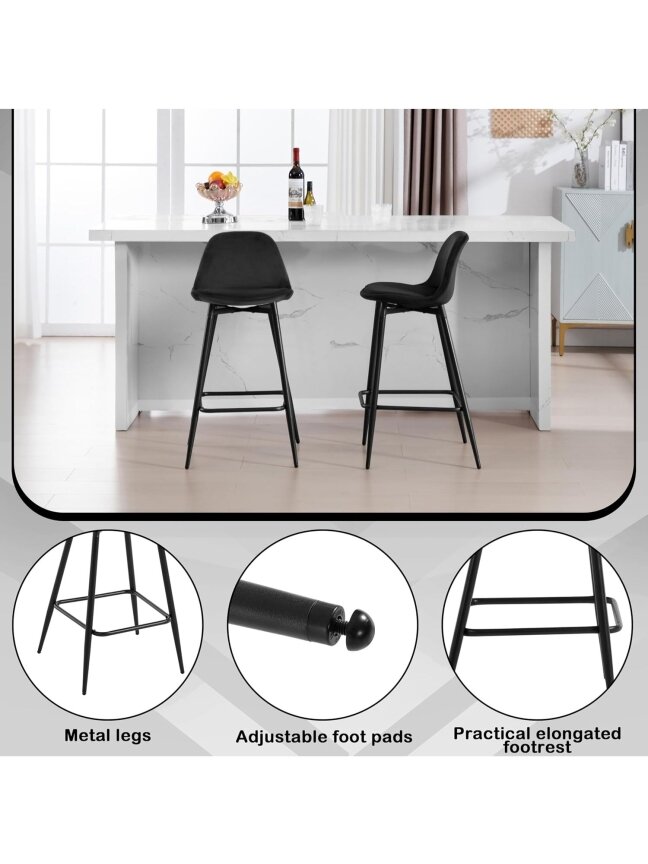 Bar Stools Set of 2, Velvet Upholstery, Metal Frame. 5