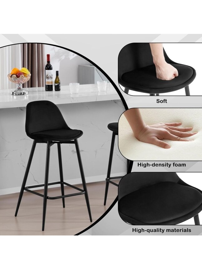 Bar Stools Set of 2, Velvet Upholstery, Metal Frame. 7