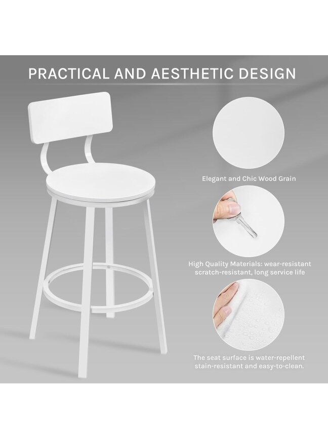Set of 2 Bar Stools with Backrest, White | Metal Frame, for Kitchen Island 4