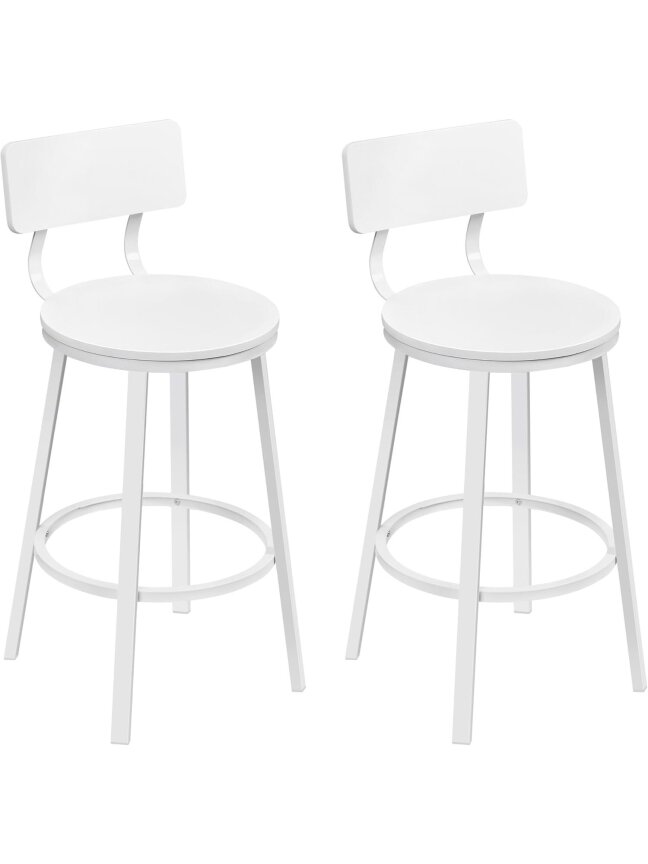 Set of 2 Bar Stools with Backrest, White | Metal Frame, for Kitchen Island