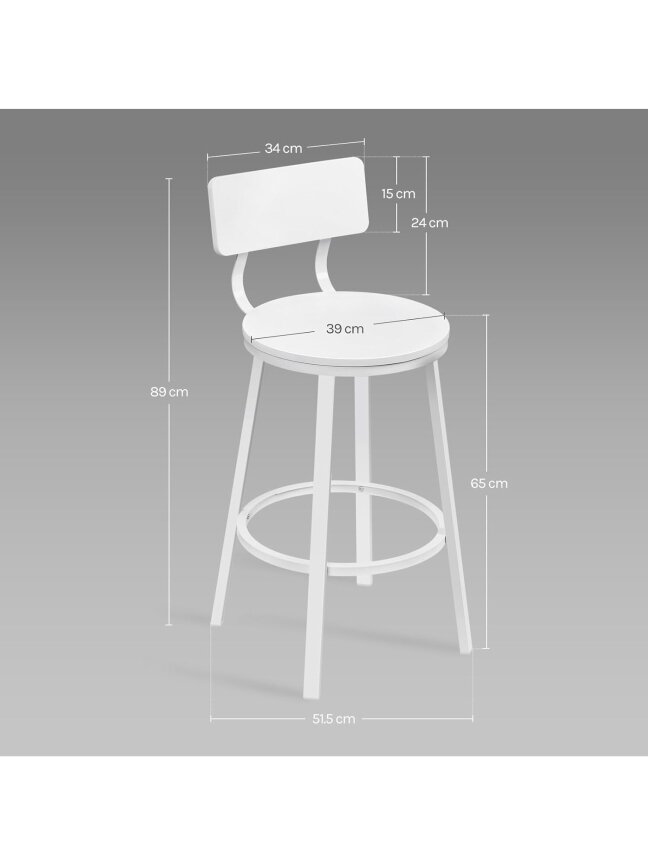 Set of 2 Bar Stools with Backrest, White | Metal Frame, for Kitchen Island 2