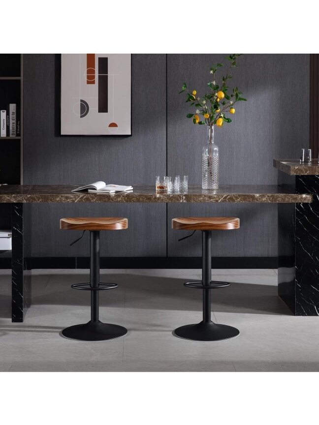 Set of 2 Swivel Breakfast Bar Stools, Rustic Brown | Solid Wood Seat, Adjustable Height, with Footrest, for Kitchen & Outdoor 4 Set of 2 Swivel Breakfast Bar Stools, Rustic Brown | Solid Wood Seat, Adjustable Height, with Footrest, for Kitchen & Outdoor 4