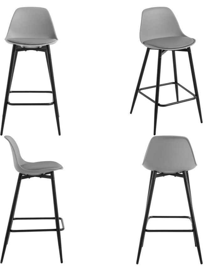 Bar stool set, 2 pcs, PP plastic seat with backrest, padded, with footrest, metal legs, grey. 3