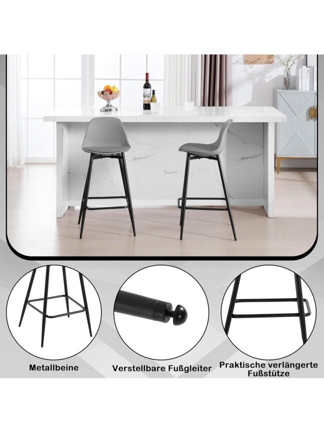 Bar stool set, 2 pcs, PP plastic seat with backrest, padded, with footrest, metal legs, grey. 4