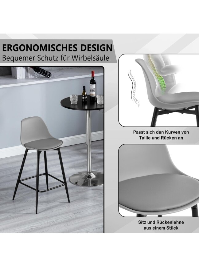 Bar stool set, 2 pcs, PP plastic seat with backrest, padded, with footrest, metal legs, grey. 6
