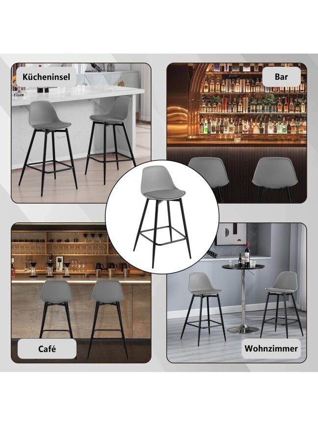 Bar stool set, 2 pcs, PP plastic seat with backrest, padded, with footrest, metal legs, grey. 8