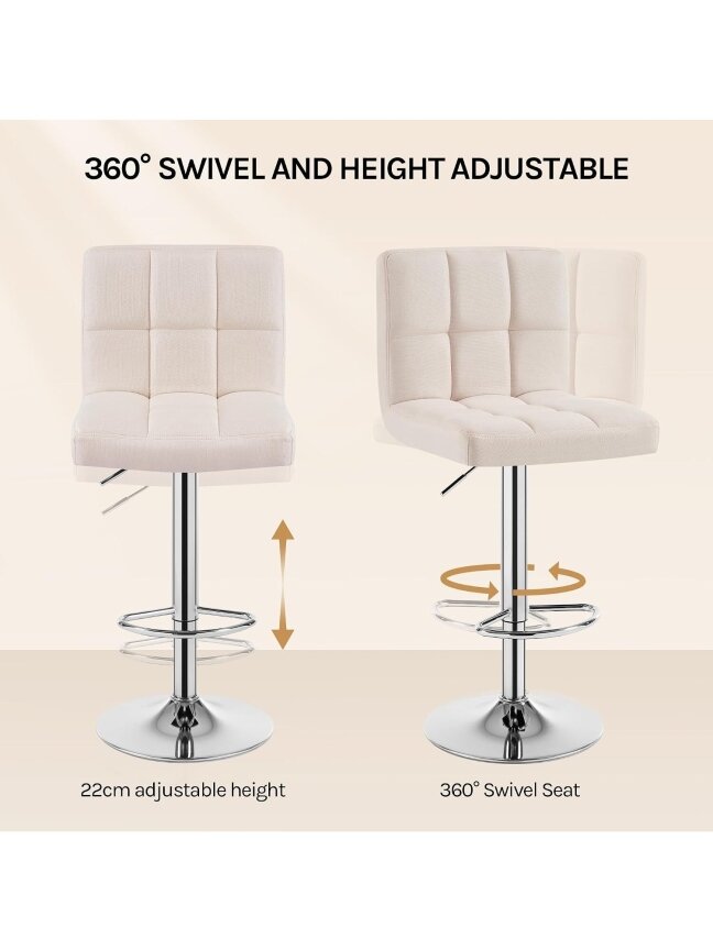Bar stool, height adjustable, linen fabric upholstery, with backrest, cream color. 3