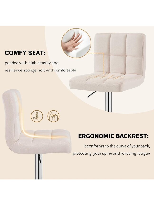 Bar stool, height adjustable, linen fabric upholstery, with backrest, cream color. 4 Bar stool, height adjustable, linen fabric upholstery, with backrest, cream color. 4
