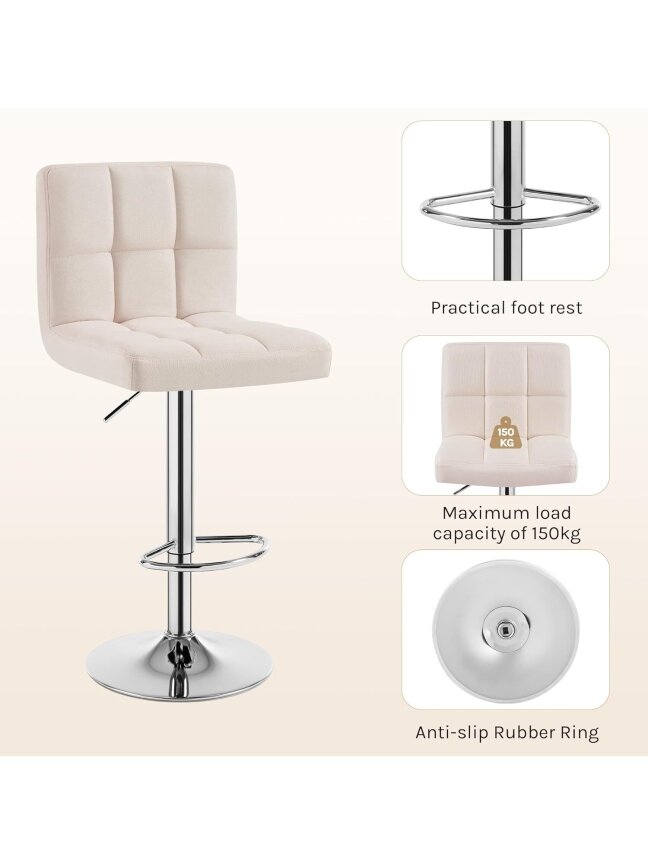 Bar stool, height adjustable, linen fabric upholstery, with backrest, cream color. 1 Bar stool, height adjustable, linen fabric upholstery, with backrest, cream color. 1