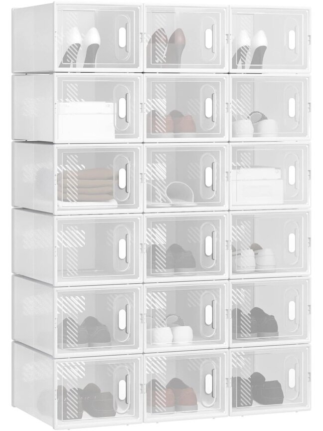 Shoe rack with 18 stackable shoe boxes, shoe cabinet system with magnetic closure, plastic DIY construction, 25 x 19 x 35 cm, transparent white. 6 Shoe rack with 18 stackable shoe boxes, shoe cabinet system with magnetic closure, plastic DIY construction, 25 x 19 x 35 cm, transparent white. 6