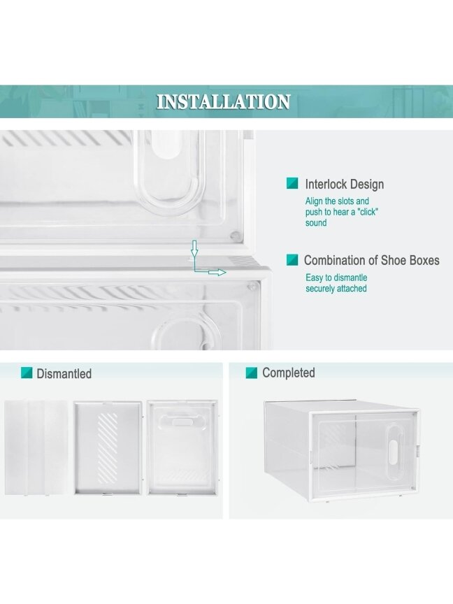 Shoe rack with 18 stackable shoe boxes, shoe cabinet system with magnetic closure, plastic DIY construction, 25 x 19 x 35 cm, transparent white. 7 Shoe rack with 18 stackable shoe boxes, shoe cabinet system with magnetic closure, plastic DIY construction, 25 x 19 x 35 cm, transparent white. 7