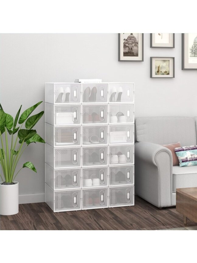 Apavu plaukts ar 18 saliekamām apavu kastēm, apavu skapja sistēma ar magnētisku aizdari, plastmasas “dari pats” konstrukcija, 25 x 19 x 35 cm, caurspīdīgi balts.