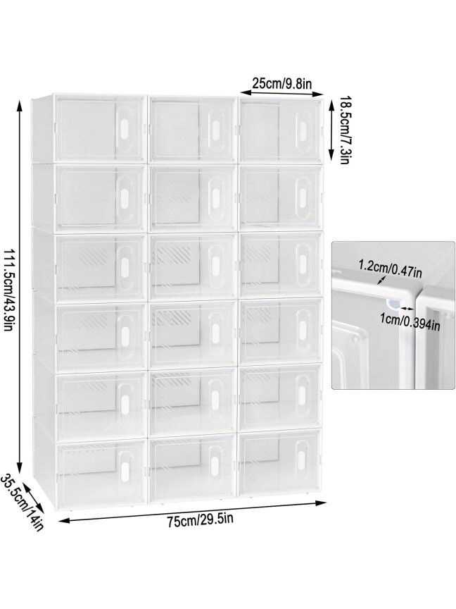 Shoe rack with 18 stackable shoe boxes, shoe cabinet system with magnetic closure, plastic DIY construction, 25 x 19 x 35 cm, transparent white. 8 Shoe rack with 18 stackable shoe boxes, shoe cabinet system with magnetic closure, plastic DIY construction, 25 x 19 x 35 cm, transparent white. 8