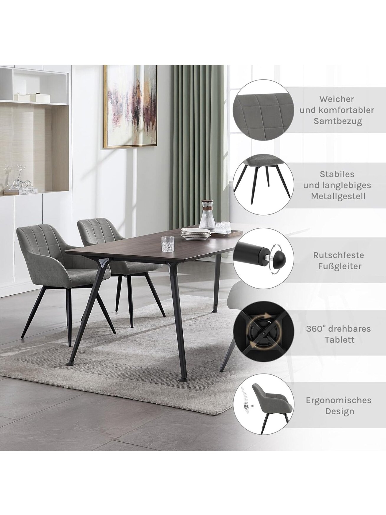Besisukanti valgomojo kėdė, ergonomiška | Paminkštinta, su porankiais ir atlošu, metalinės kojos 6