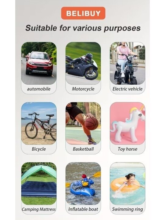 BELIBUY nešiojamas oro kompresorius su manometru – automobiliams, motociklams ir dviračiams (be baterijos) 3