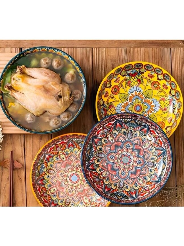 Boho Duża Ceramiczna Miska na Zupę z Motywem Kwiatowym – 26,3 cm, Do Mikrofalówki 2