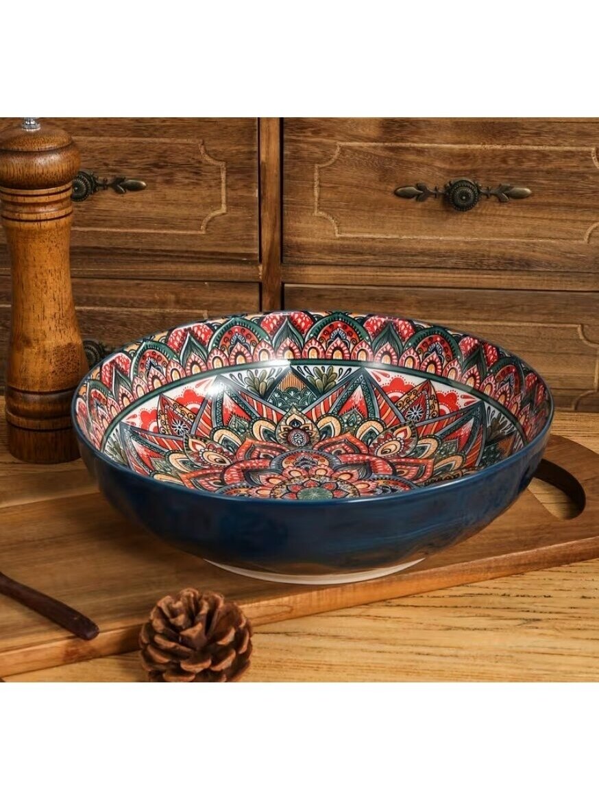 Boho Duża Ceramiczna Miska na Zupę z Motywem Kwiatowym – 26,3 cm, Do Mikrofalówki