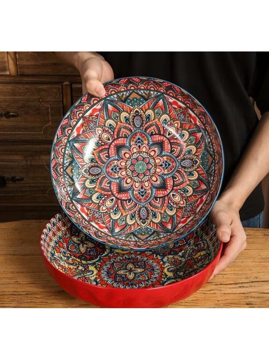 Boho Duża Ceramiczna Miska na Zupę z Motywem Kwiatowym – 26,3 cm, Do Mikrofalówki 1