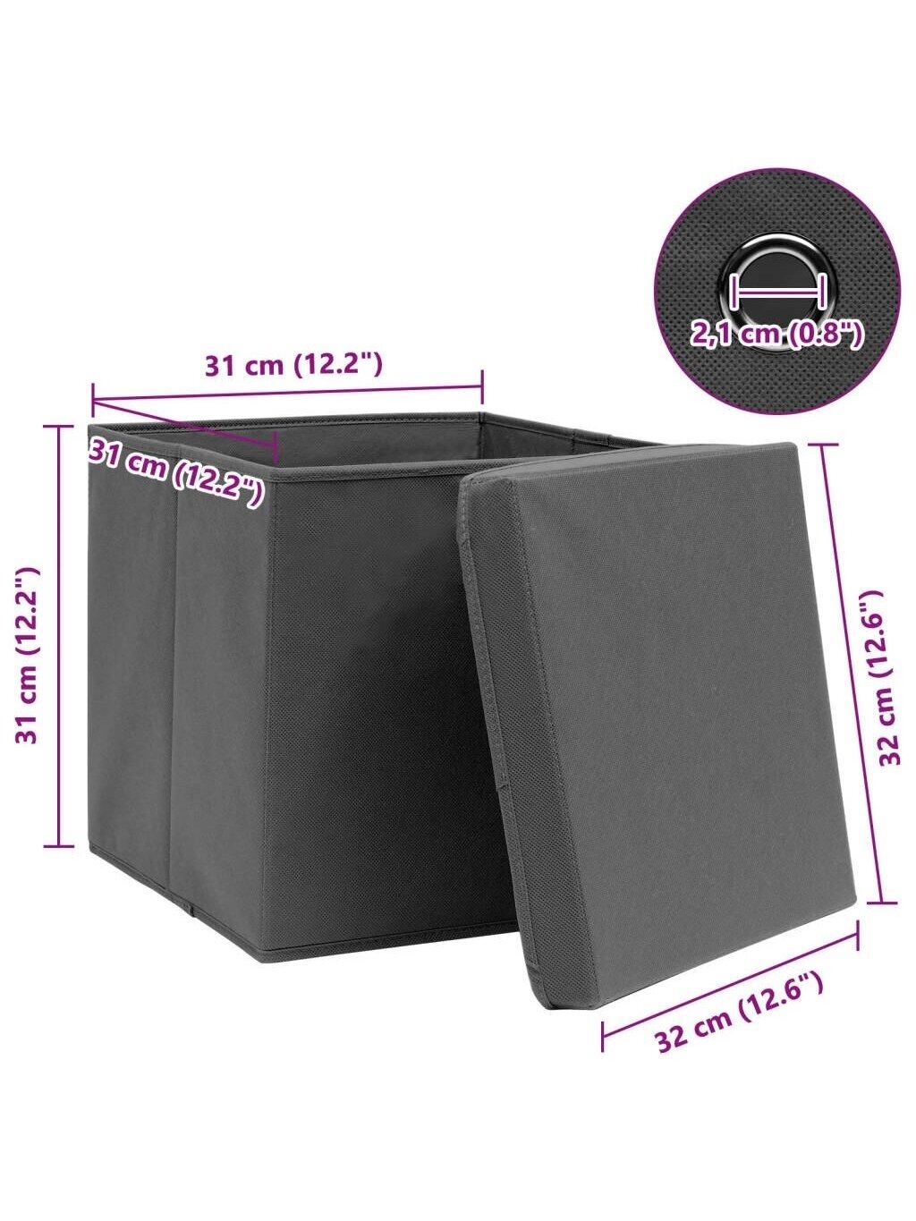 Storage boxes with lids, set of 3, grey, 32×32×32 cm, fabric 4