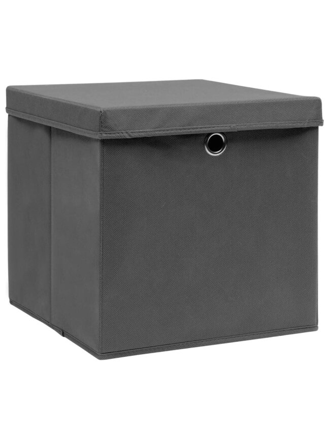Storage boxes with lids, set of 3, grey, 32×32×32 cm, fabric