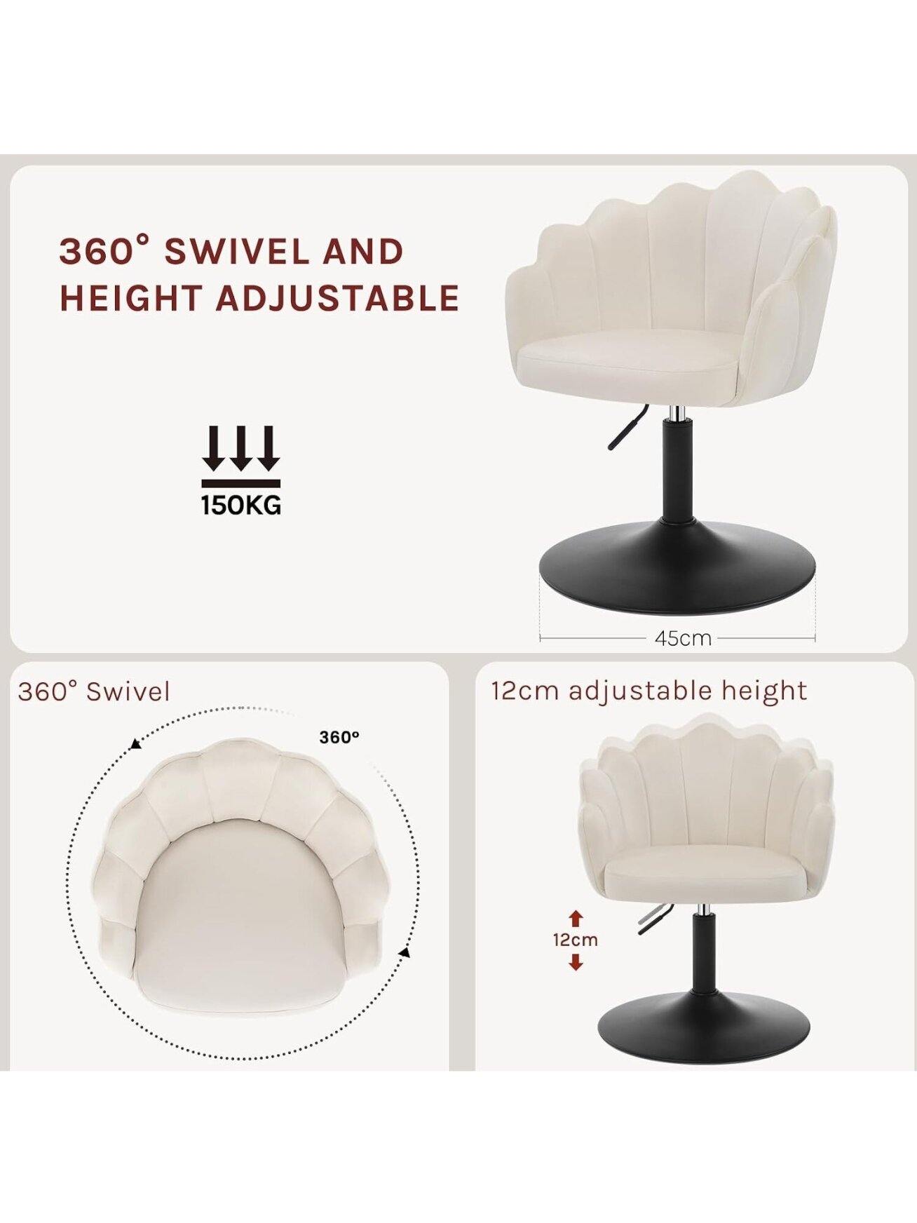 Dressing Table Chair with Petal Back, Velvet, Cream | Adjustable Height, for Bedroom Makeup 2 Dressing Table Chair with Petal Back, Velvet, Cream | Adjustable Height, for Bedroom Makeup 2