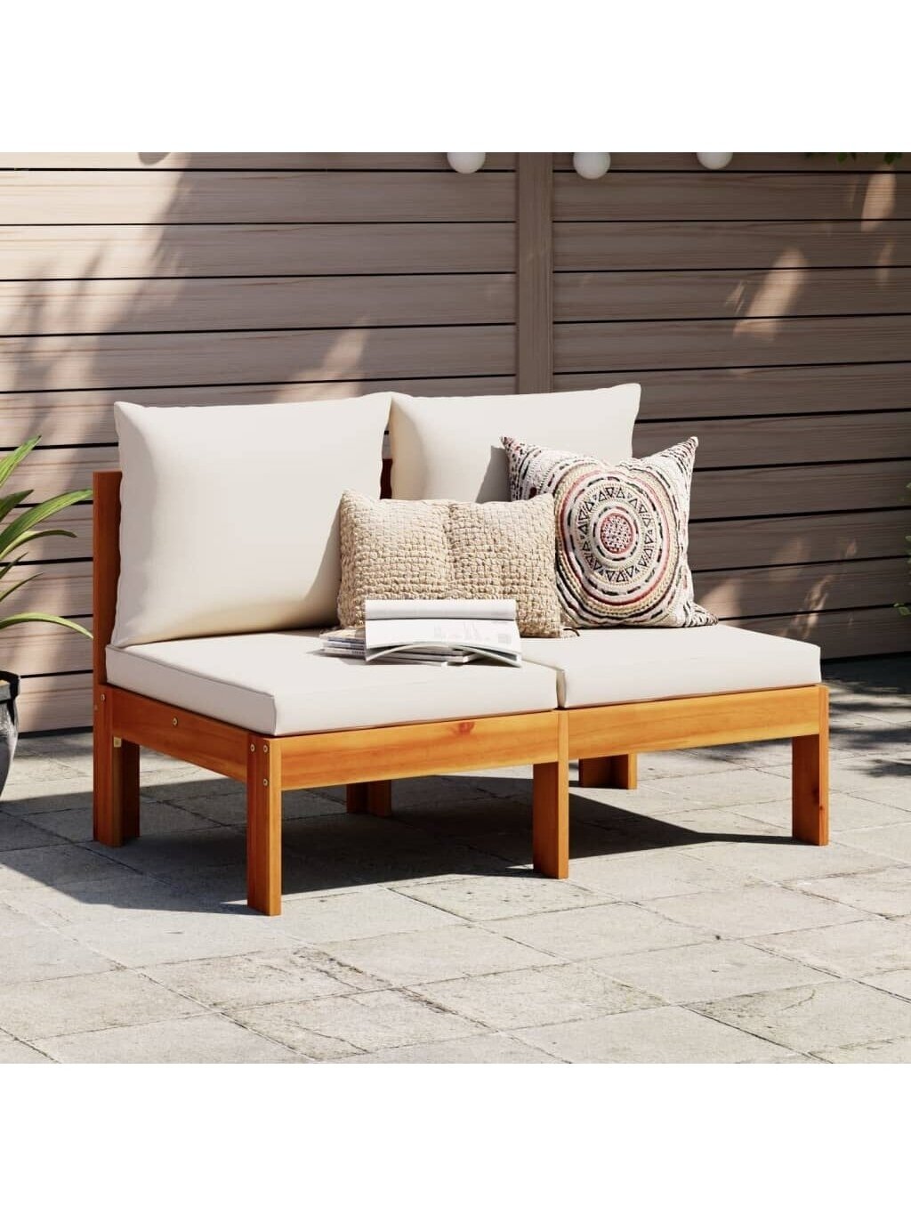 2-seater garden sofa without armrests with cushions, Acacia solid wood