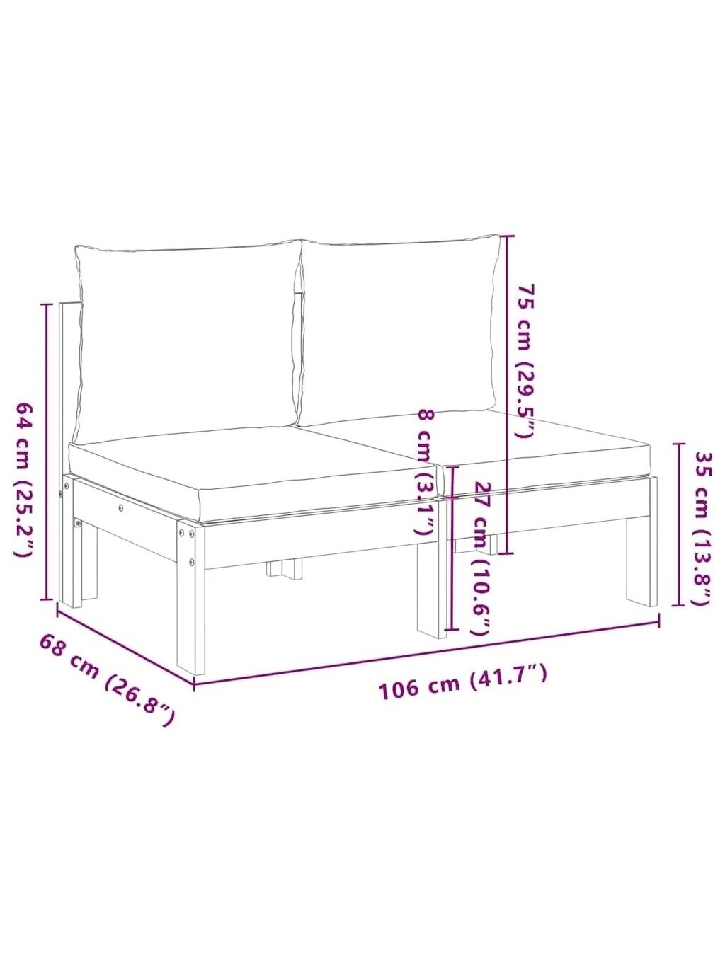 2-seater garden sofa without armrests with cushions, Acacia solid wood 7