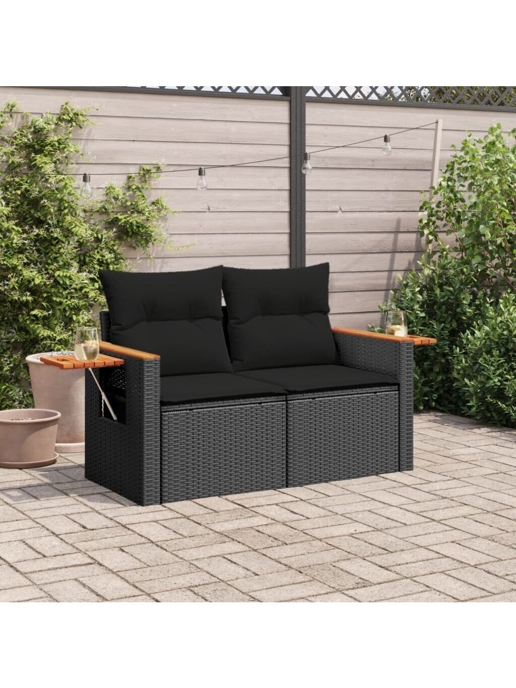 Double garden sofa with cushions, black color, poly rattan 3 Double garden sofa with cushions, black color, poly rattan 3