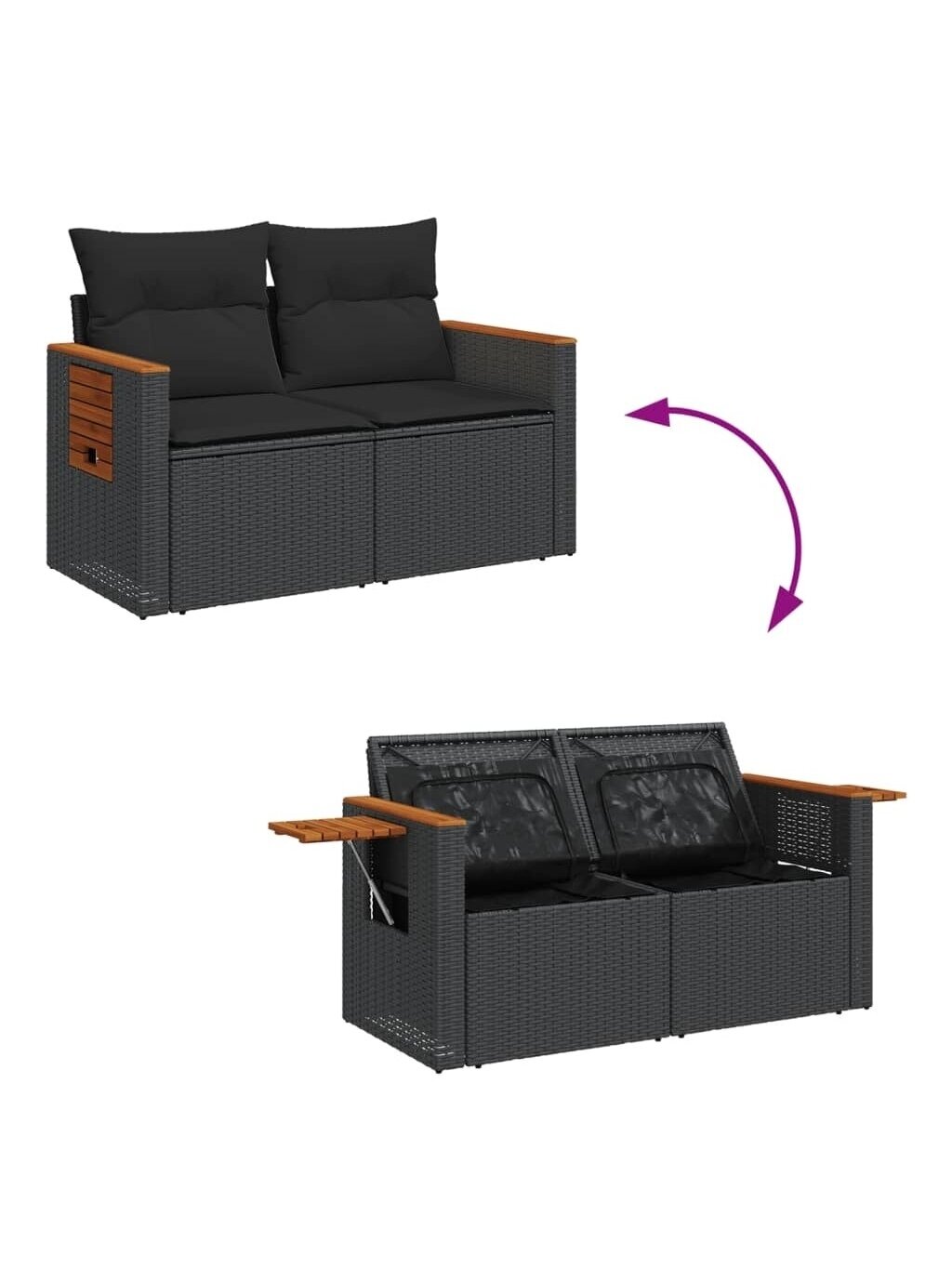 Double garden sofa with cushions, black color, poly rattan 7 Double garden sofa with cushions, black color, poly rattan 7