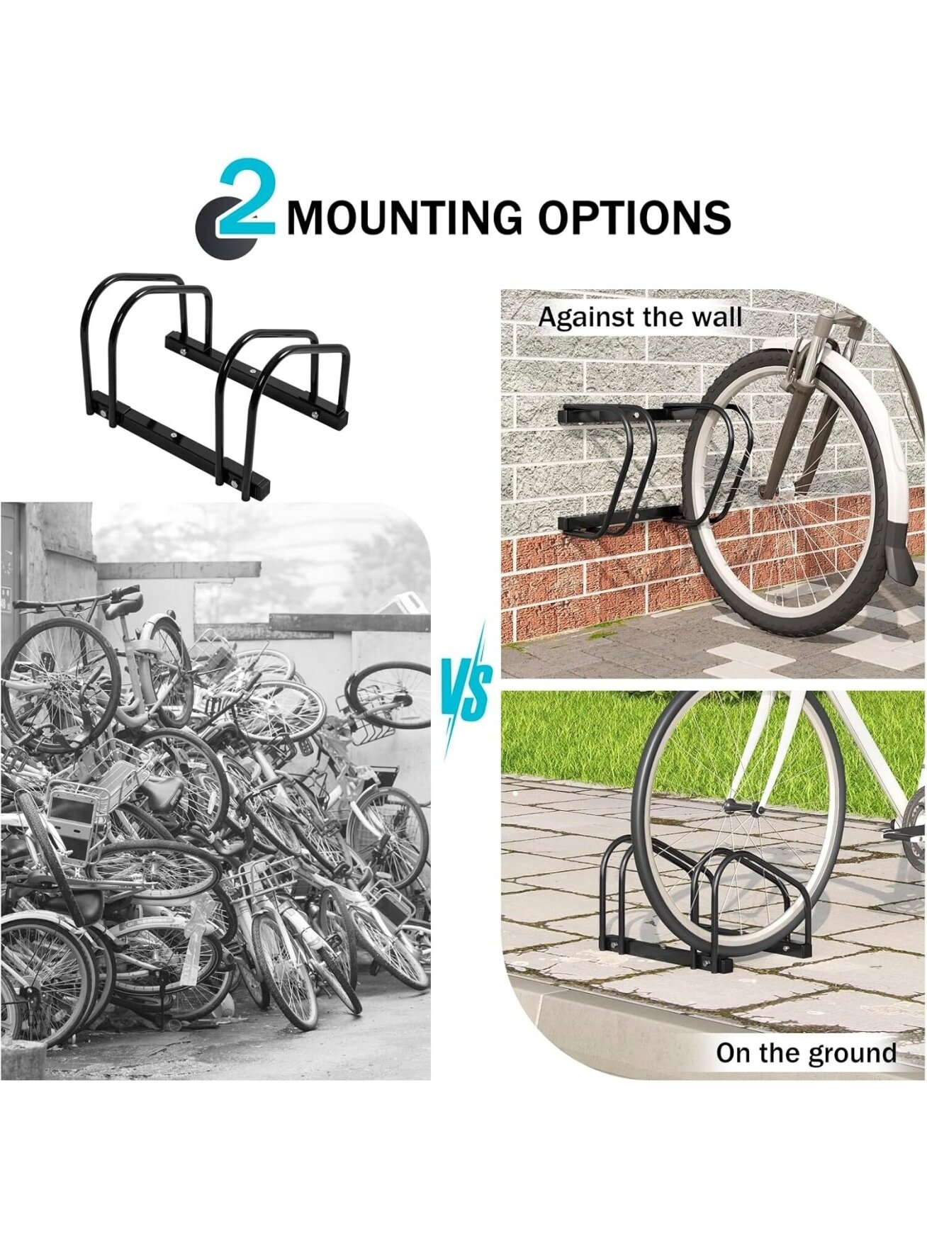 Bicycle rack for 2 bikes, freestanding floor stand or wall-mounted installation. 6 Bicycle rack for 2 bikes, freestanding floor stand or wall-mounted installation. 6