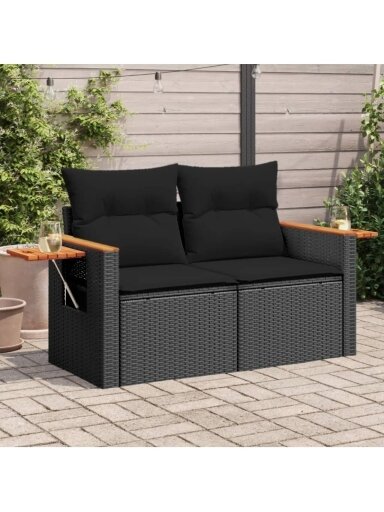 Divvietīga dārza sofa ar spilveniem, melnā krāsā, poliratans