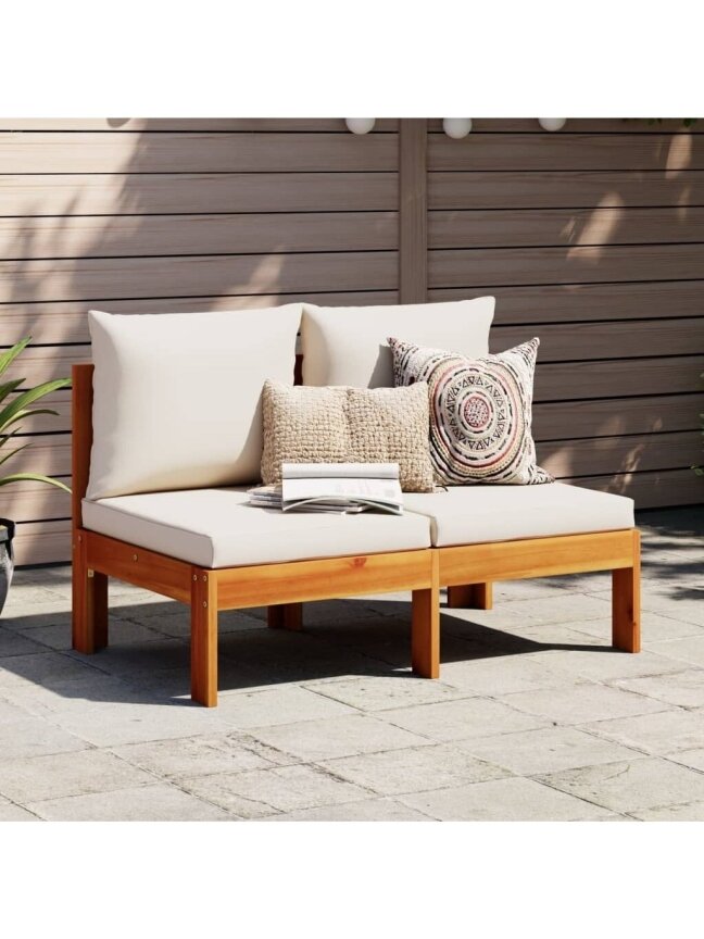 2-seater garden sofa without armrests with cushions, Acacia solid wood