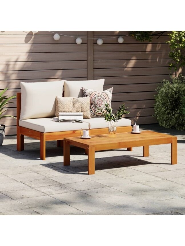 2-seater garden sofa without armrests with cushions, Acacia solid wood 3