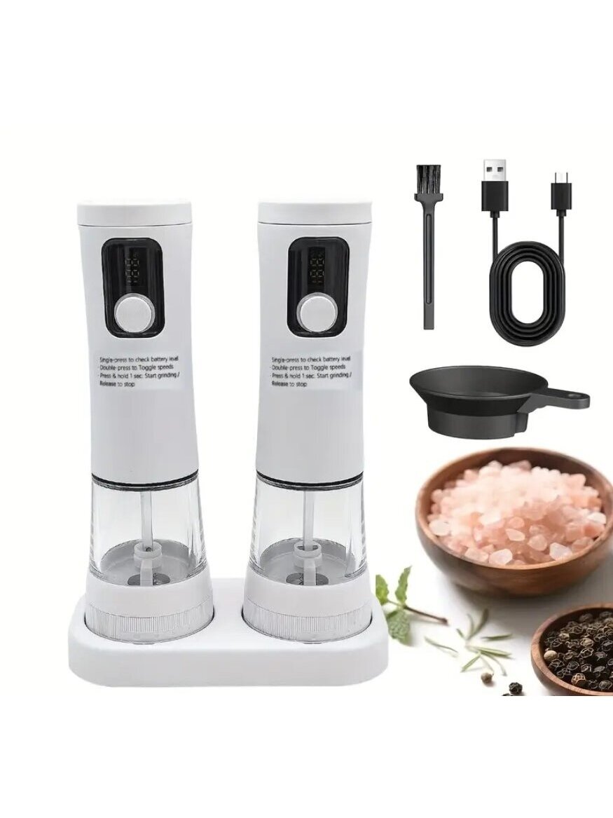 Electric Salt and Pepper Grinder Set with LED Display and Light. Stainless Steel 4